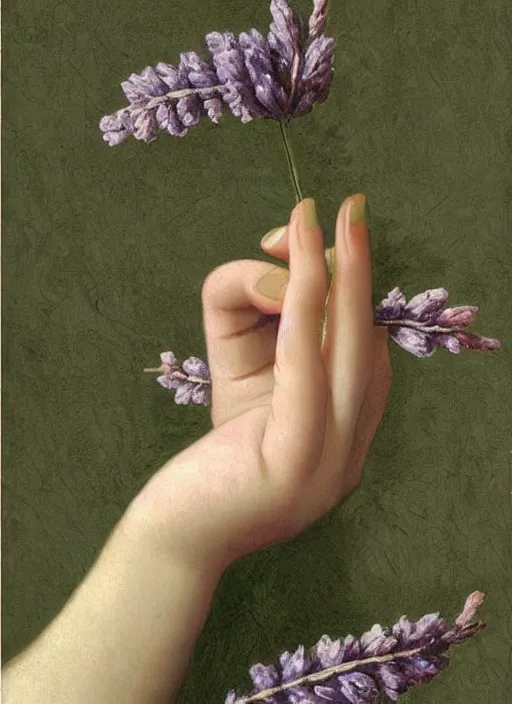 Image similar to by famous 1 9 th century painter, hand, lavender nail polish, realism, pretty, green wallpaper background!