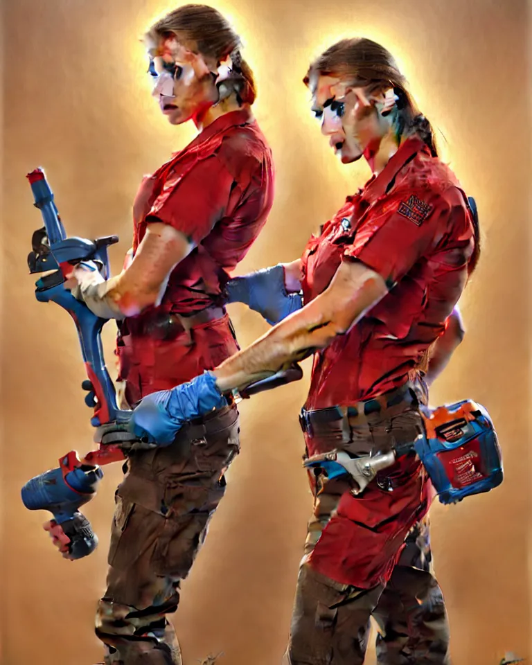 Image similar to epic portrait a slightly muscular woman wearing short sleeved uniform and carrying a red power tool drill, detailed, centered, digital painting, artstation, concept art, donato giancola, Joseph Christian Leyendecker, WLOP, Boris Vallejo, Breathtaking, 8k resolution, extremely detailed, beautiful, establishing shot, artistic, hyperrealistic, beautiful face, octane render