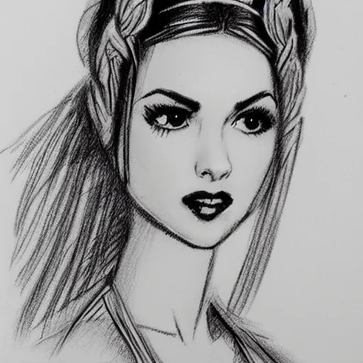 Image similar to milt kahl sketch of victoria justice with done up hair and tendrils as princess padme from star wars episode 3