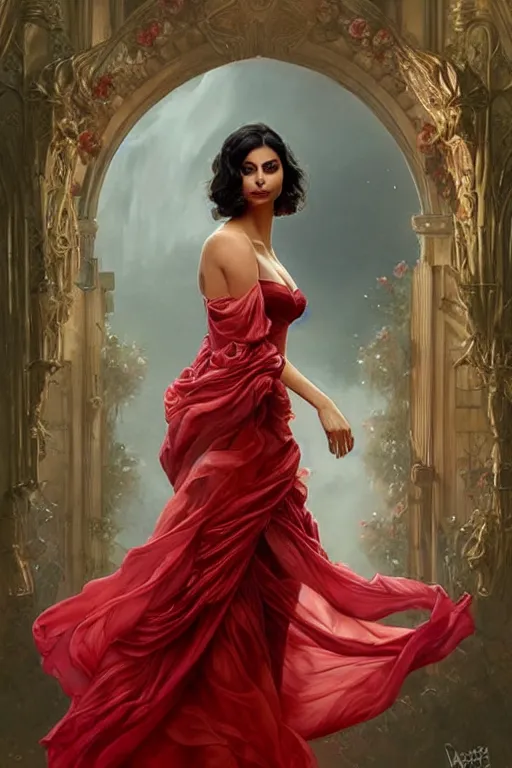 Image similar to Morena Baccarin dressed in a vaporous wrapped large victorian red roses silk semi-transparent dress fashion is running D&D, fantasy, intricate, elegant, highly detailed, digital painting, artstation, concept art, matte, sharp focus, illustration, art by Artgerm and Greg Rutkowski and Alphonse Mucha