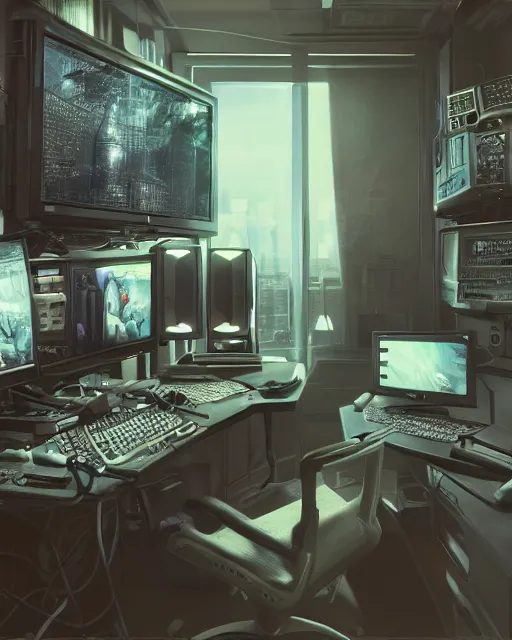 Prompt: artstation scifi scene of a complex computer workstation in a small studio apartment room, many monitors, many electronics, a window view, a tall floor plant, very detailed, maximalism, ambient occlusion, volumetric light, atmospheric haze, unreal engine, hyper realism, realistic shading, cinematic composition, realistic render, octane render, detailed textures, photorealistic, wide shot