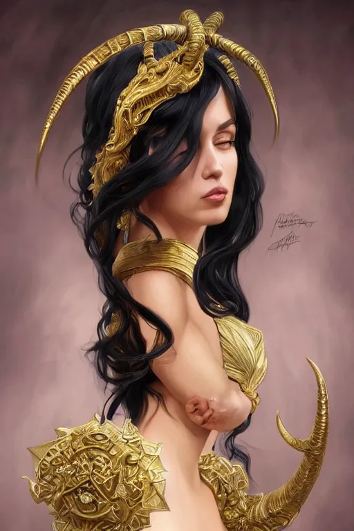 Image similar to fullbody!! of a beautiful woman with long black hair, big natural ram horns on her head, flowing dress, gold jewellery, dnd, face, fantasy, intricate, elegant, highly detailed, digital painting, artstation, concept art, smooth, sharp focus, illustration, art by artgerm and greg rutkowski and alphonse mucha