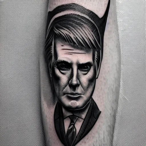 Prompt: tattoo of donald trump with a superman cape black and white ink, detailed, hyperrealistic trending on artstation