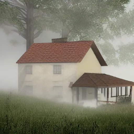 Image similar to render fog highly detailed village house day forest horror fear