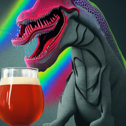 Prompt: hipster t - rex drinking a giant ipa, hops growing everywhere, intricate complexity, inverted rainbow drip paint, trending on art station, photoreal, 8 k, octane render