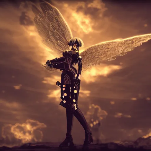 Prompt: a steampunk robotic angel, retro, steam, extremely detailed, particles, cinematic lighting, anime, clouds, sky, lush, beautiful,