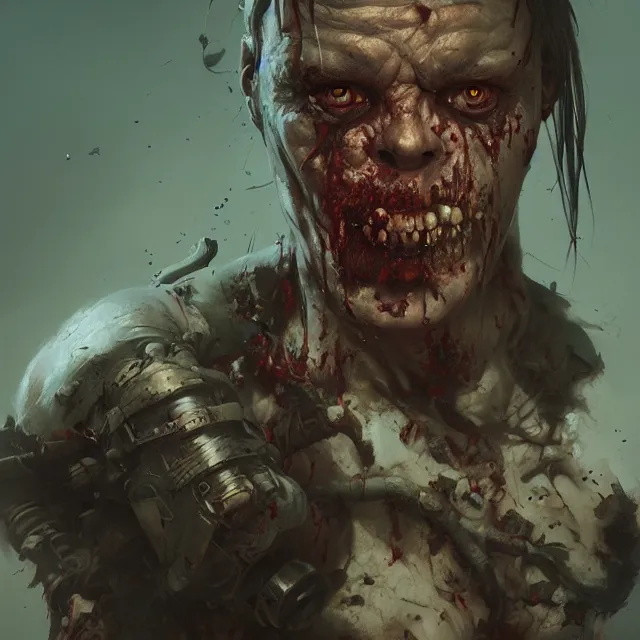 Image similar to hyper realistic photo portrait fat zombie cinematic, greg rutkowski, james gurney, mignola, craig mullins, brom redshift, vray, octane