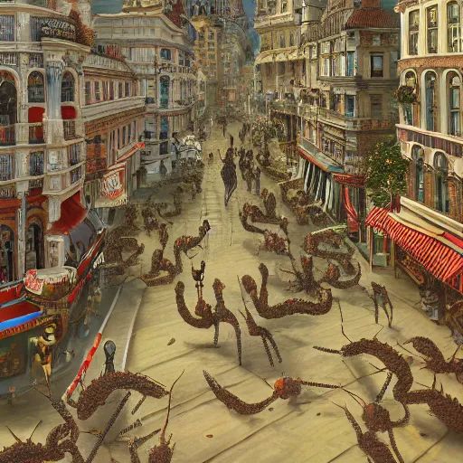 Image similar to gigantic ants walking through the center of a town, extreme detail, abstract realism, highly ornate intricate details, 1 9 2 0's colored pencil, 4 k, cinematic lighting,