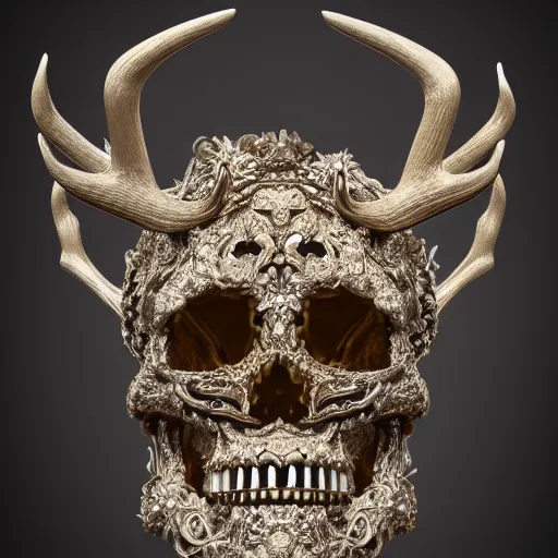 Image similar to a portrait of a beautiful ornate and intricate rococo skull with antlers and silver and gold details and diamonds inside a rococo frame, 4k, octane render, vray, unreal engine, photorealistic