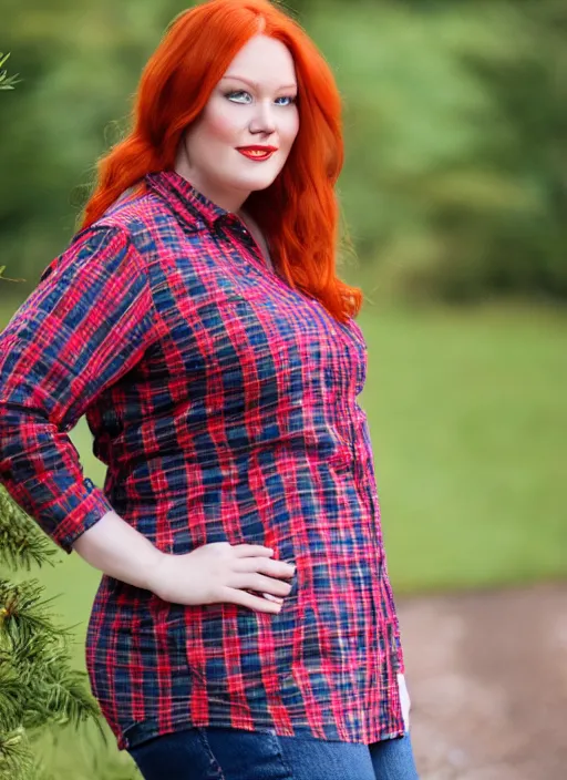 photograph of a plus-size redhead woman wearing a red
