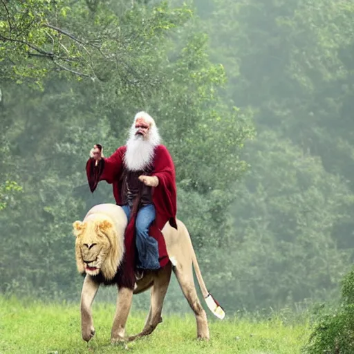 Prompt: old man ( wise long white beard wearing a hooded tunic ) riding on lions back