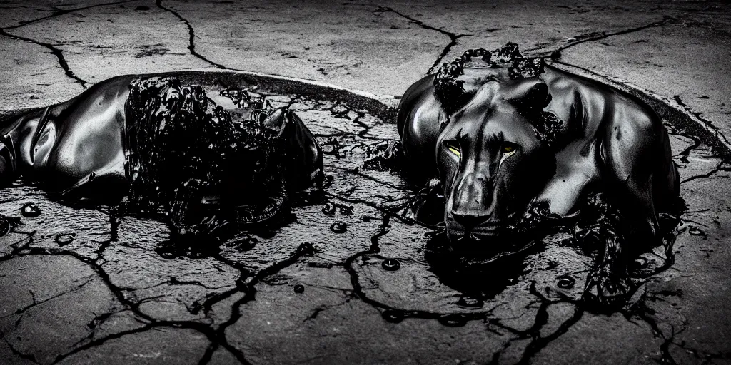 Image similar to the black lioness made of ferrofluid, laying on their back, dripping tar, drooling goo, covered in slime, sticky black goo, bathing in the pit filled with tar, dripping goo, sticky black goo. photography, dslr, reflections, black goo, rim lighting, cinematic light, tar pit, chromatic, saturated, slime