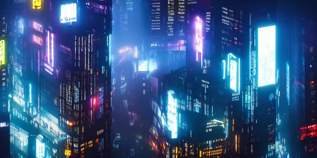 Prompt: giant illuminated advert screens, megacity streets seen from above, eerie fog, neon signs, blade runner, ex machina