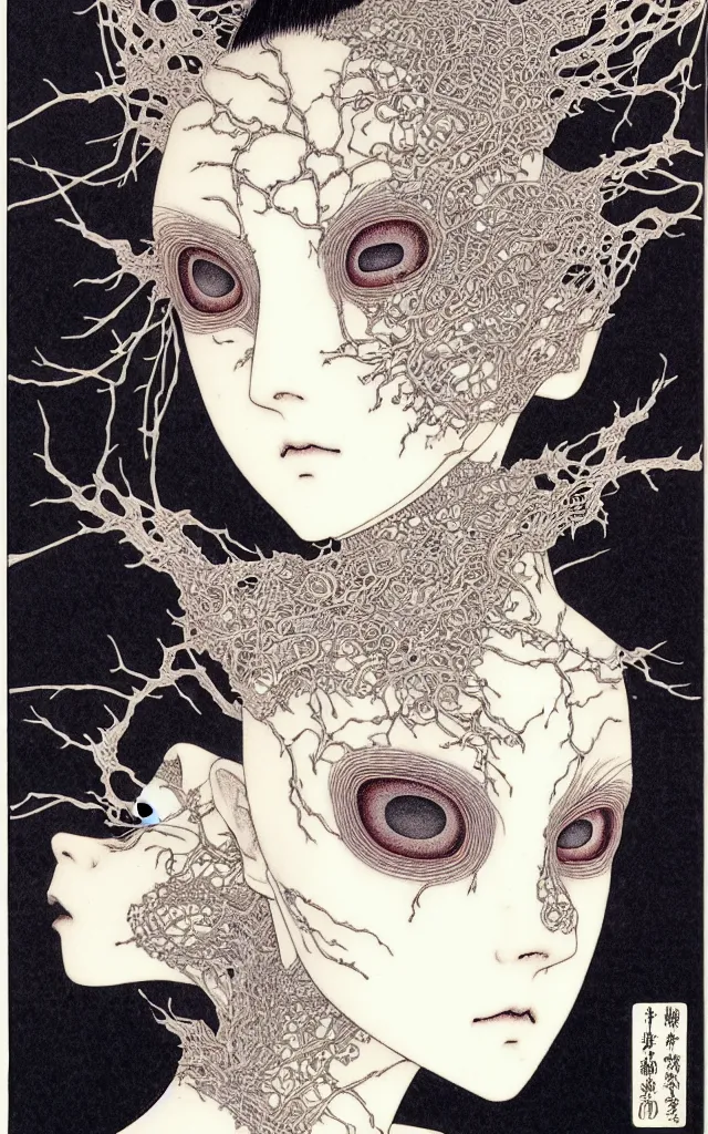 Image similar to prompt: Fragile looking face drawn by Takato Yamamoto, mystic eyes, ceramic looking face, cyber parts inspired by Evangeleon, clean ink detailed line drawing, intricate detail drawing, manga 1990, portrait