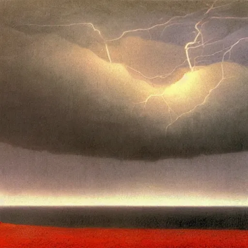 Prompt: thunderstorm and dark clouds at the lake made by zdzisław beksinski