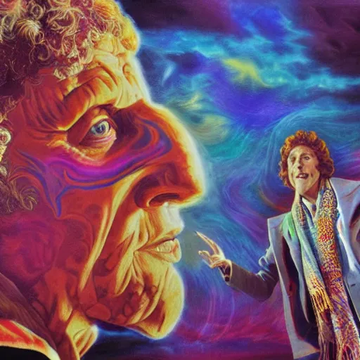 Image similar to tom baker using his scarf to fly, psychedelic, clouds, 4 k, intricate high details, sharp, 1 9 7 7, photo realistic, matt finish, realistic shadows, psychedelic