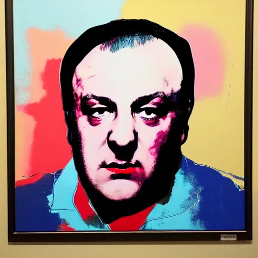 Image similar to painting of Tony soprano in the style of Andy Warhol hung on the wall of a modern art gallery, huge atrium lots of natural light, spectators looking at the painting