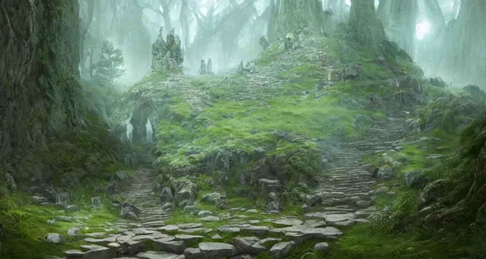 Image similar to Beautiful uplifting glade bg. Elven stone monuments along the pathway. J.R.R. Tolkien's Middle-Earth. Trending on Artstation. Digital illustration. Artwork by Darek Zabrocki and Sylvain Sarrailh. Concept art, Concept Design, Illustration, Marketing Illustration, 3ds Max, Blender, Keyshot, Unreal Engine, ZBrush, 3DCoat, World Machine, SpeedTree, 3D Modelling, Digital Painting, Matte Painting, Character Design, Environment Design, Game Design, After Effects, Maya, Photoshop.