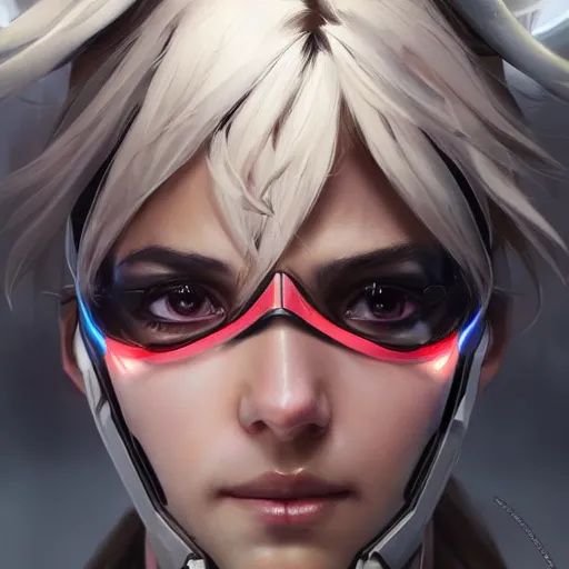 Image similar to mercy overwatch wearing cyberkinetic mask, 8 k resolution, highly detailed, intricate, very beautiful face, very detailed eyes, by greg rutkowski, wlop