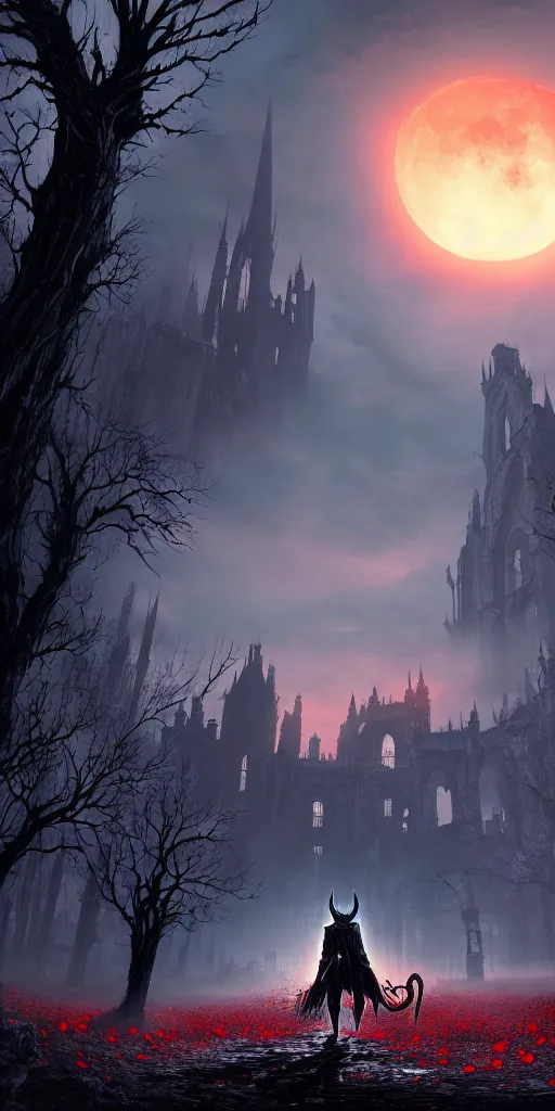 Image similar to abandoned bloodborne old valley with a obscure person at the centre and a ruined gothic city in the background, trees and stars in the background, falling red petals, epic red - orange moonlight, perfect lightning, wallpaper illustration by niko delort and kentaro miura, 4 k, ultra realistic