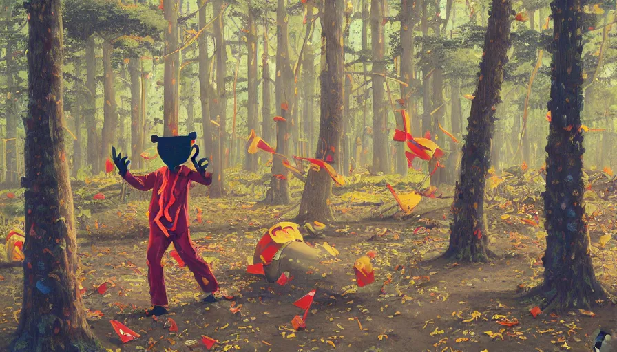 Prompt: safety cones scattered around an oak tree forest, man in muppet sasquatch sri lankan mask costume dancing in the distance, by james jean by ilya kuvshinov kintsugi, hyper detailed surrealist painting