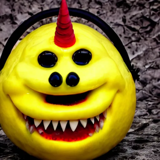 Prompt: realistic photo of a yellow lemon with an evil smile, sharp teeth, fully black slanted eyes and red demon horns, lemon demon