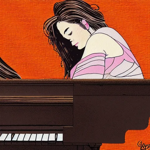 Prompt: a brunette woman sleeping on the piano, digital art, epic composition, fantasy, explosion of color, orange and black, highly detailed, in the style of jake parker, in the style of conrad roset, in the style of rat fink, sharp focus