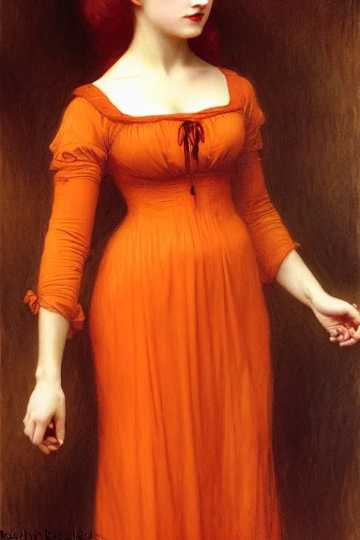 Prompt: victorian vampire in orange dress, painting by rossetti bouguereau, detailed art, artstation