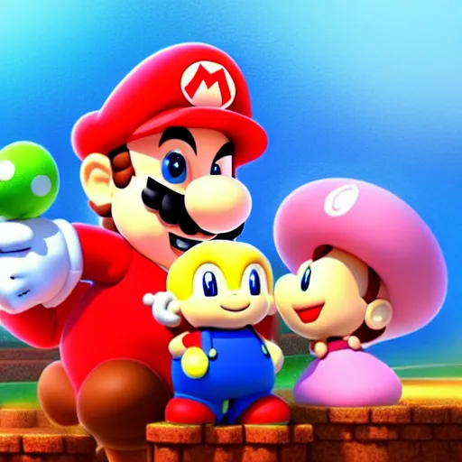 Image similar to Super Mario and Princess Peach and their cute newborn toady mushroom baby, family photo, digital painting, artstation, cgsociety, award-winning, masterpiece, stunning, beautiful, glorious