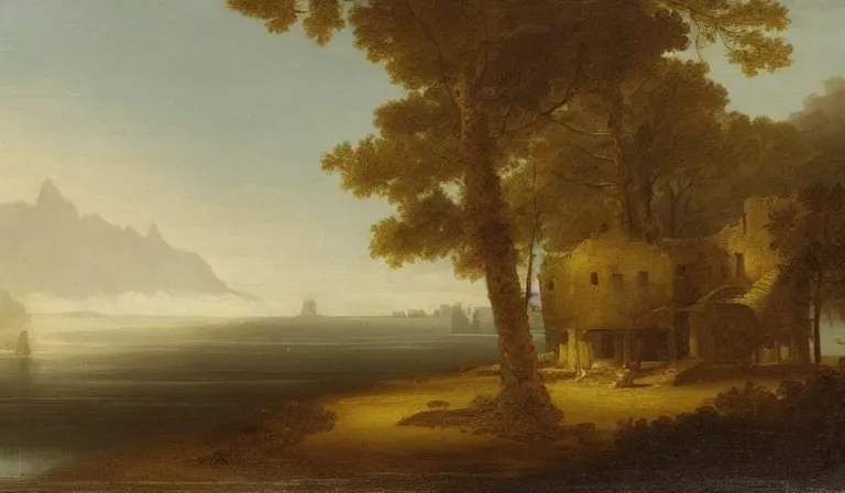 Prompt: A serene landscape with a singular building in the style of Hubert Robert.