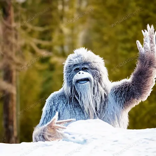 Image similar to realistic photo scene of a friendly and cheerful yeti waving at the camera, snowy scene, morning sunlight