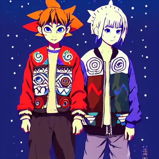 Prompt: majora majora's mask wearing oversized mayan bomber jacket with overalls, bulky poofy bomber jacket with mayan patterns, aztec street fashion, genshin impact art style, gapmoe yandere grimdark, trending on pixiv fanbox, painted by greg rutkowski makoto shinkai takashi takeuchi studio ghibli, akihiko yoshida