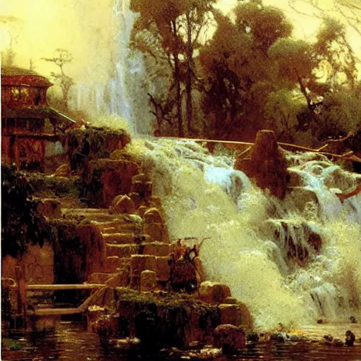 Prompt: waterfall flooding an entire village. victorian age. highly detailed painting by gaston bussiere, craig mullins, j. c. leyendecker