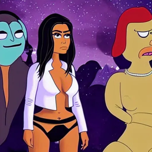 Image similar to kim kardashian in star wars with the beatles and bird person from rick and morty simpsons style high detail