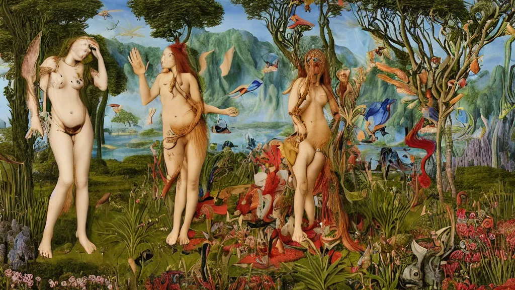 Prompt: a photograph of a meditating centaur shaman and a harpy mermaid mutating into beautiful mammals. surrounded by bulbous flowers and a few trees and animals. river delta with mountains under a blue sky full of burning stars and birds. painted by jan van eyck, max ernst, ernst haeckel, ernst fuchs and artgerm. trending on artstation