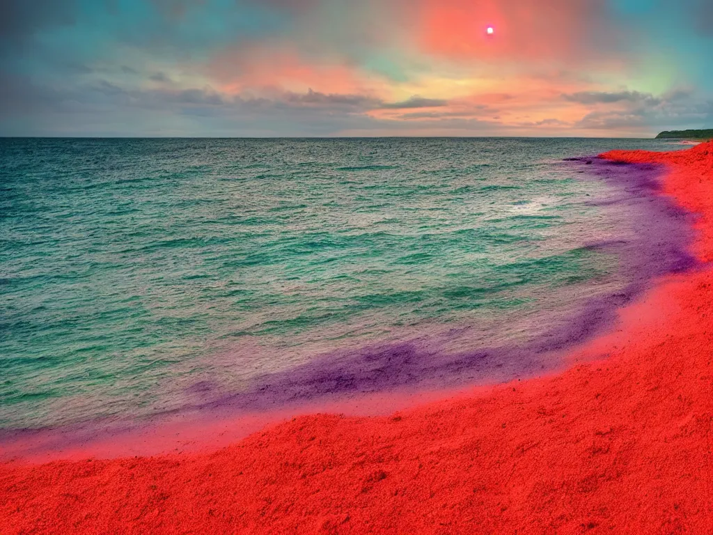 Image similar to purple tornado, red sand beach, green ocean, nebula sunset