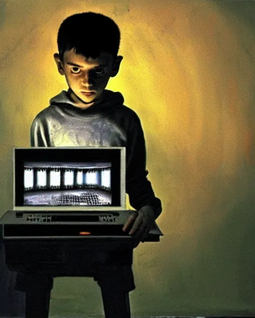 Prompt: 8k professional photo of an 8 years old enlightened and scared boy standing in front of an old computer from 90s with a game doom2 at the monitor screen. painting by Adrian Ghenie and Willem de Kooning and Cy Twombly, still from a movie by Gaspar Noe and James Cameron