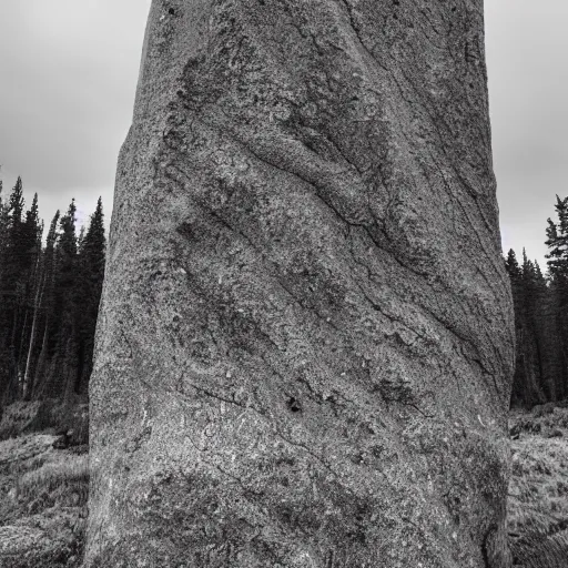 Image similar to a monolithic granite pillar in the boreal forest. overcast sky, grainy.