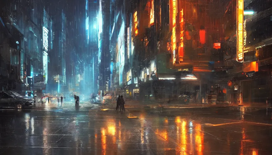 Image similar to city street of distant future 3 0 th century in early evening by laser lights during rain, shadows, reflections, epic composition, intricate, elegant, volumetric lighting, digital painting, highly detailed, artstation, sharp focus, illustration, concept art, ruan jia, steve mccurry