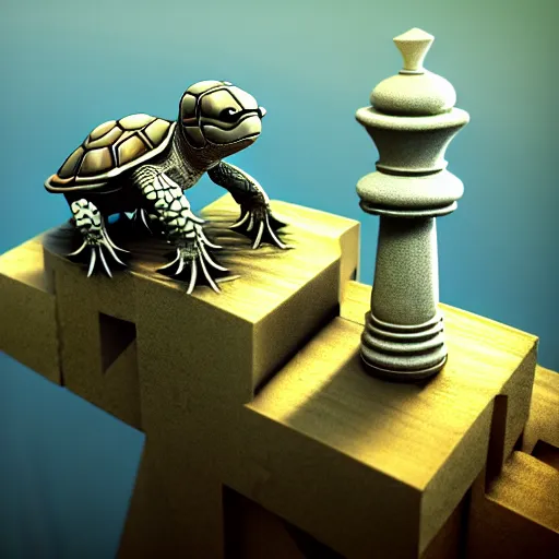 Image similar to white rendered steampunk, queen chess piece, chessboard made of ocean, digital forest, high quality architectural art , Isometric 3D Fantasy turtle, Smoth 3D Illustration, Cinematic Matte Painting, soft render, Servando Lupini, handpaint texture, Blender, 3DCoat