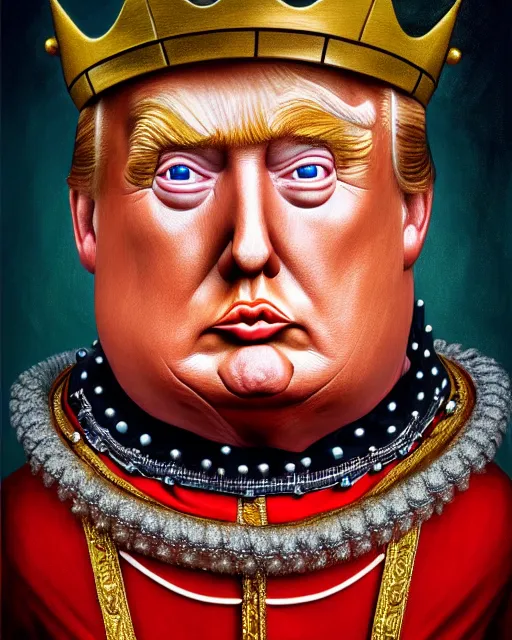 Prompt: closeup profile portrait of a tin toy donald trump as king henry viii, hyper realistic, artstation, illustration, concept art by nicoletta ceccoli, mark ryden, lostfish, max fleischer, digital paint, matte paint, vivid colors, bright, cheerful, detailed and intricate environment