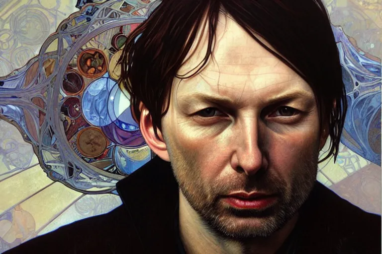 Prompt: hyper realistic portrait of radiohead singer frontman, by lee bermejo, alphonse mucha and greg rutkowski