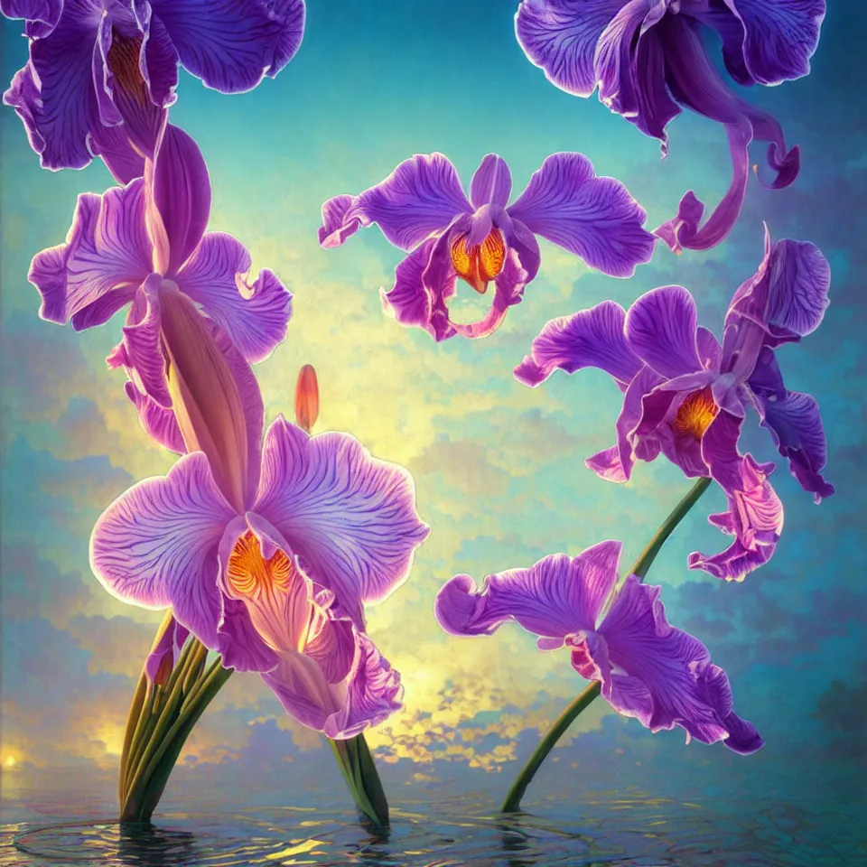 Image similar to detailed giant pastel holographic orchid iris hybrid flower surrounded by ocean waves, lsd water, lsd ripples, droplets, backlit, sunset, refracted lighting, art by collier, albert aublet, krenz cushart, artem demura, alphonse mucha