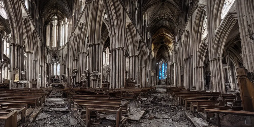 Prompt: a wide angle shot of the interior of an old and decaying cathedral, award-winning photo, 8k, extremely detailed and sharp, cinematic lighting
