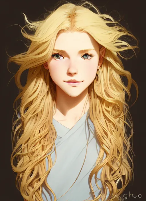 Image similar to young blond girl with long curly, golden hair, perfectly proportioned face, brown eyes, sweet smile, strong jawline,, natural lighting, path traced, highly detailed, high quality, cartoon, digital painting, by new haicheng and studio ghibli and alphonse mucha