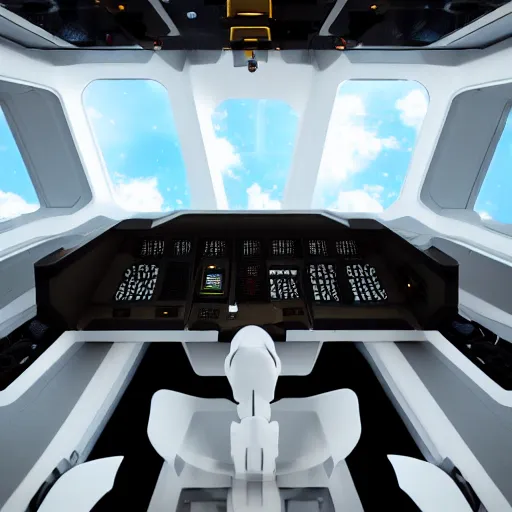 Image similar to flight deck inside a sci-fi spaceship escape pod that is a mind temple for meditation and discovery of secret knowledge. clean white interior, large window to view outer space, raytraced, corona render, 4k