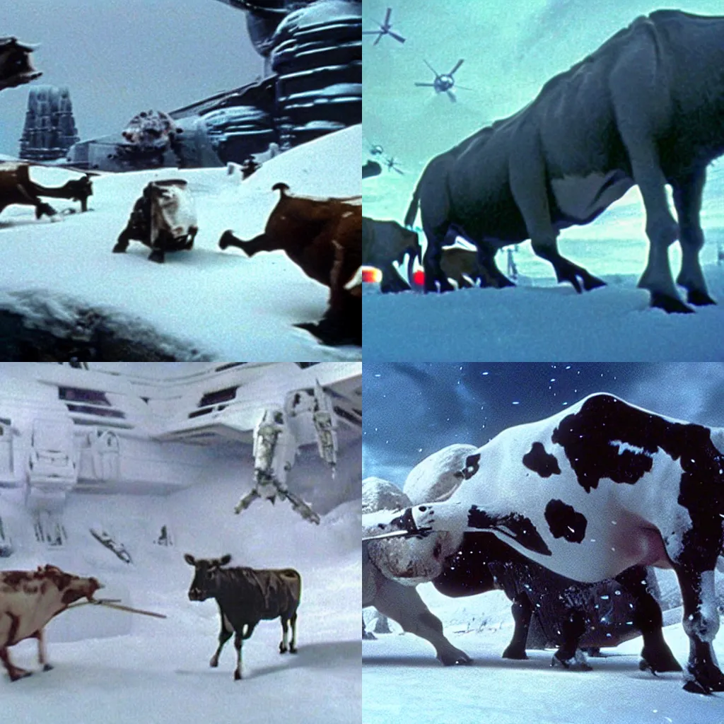 Prompt: snow speeders attacking a giant cow in the movie Star Wars The Empire Strikes Back