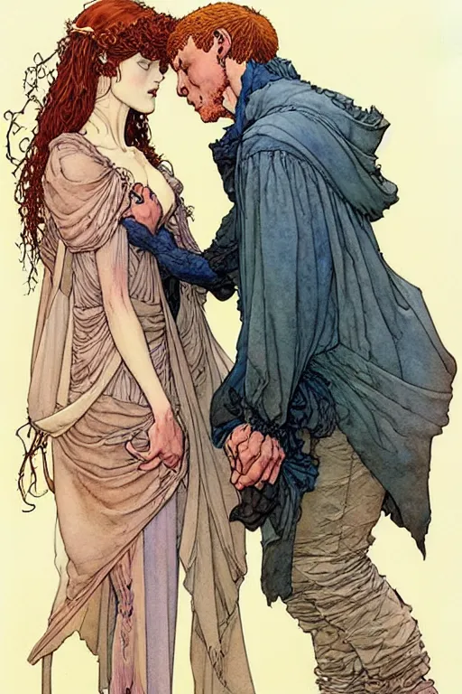 Prompt: a hyperrealist watercolour character concept art portrait of young lovers forgiveness. love. union. by rebecca guay, michael kaluta, charles vess and jean moebius giraud