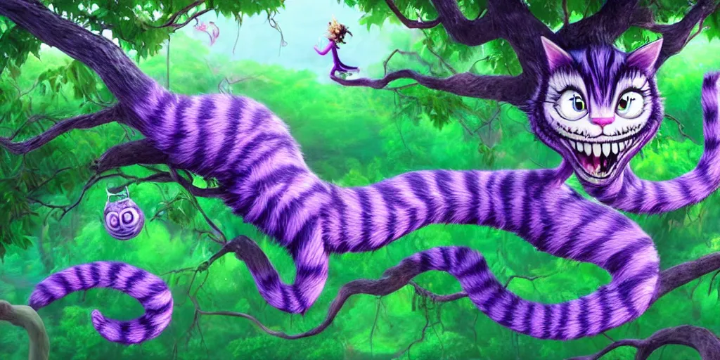 Image similar to The Cheshire Cat hanging in a tree, Alice in wonderland, colorful, wide angle, super highly detailed, professional digital painting, artstation, concept art, smooth, sharp focus, no blur, no dof, extreme illustration, Unreal Engine 5, Photorealism, HD quality, 8k resolution, cinema 4d, 3D, beautiful, cinematic, art by artgerm and greg rutkowski and alphonse mucha and loish and WLOP