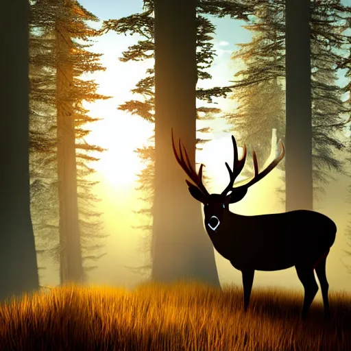 Prompt: buck white tail with large antlers standing on top of a hill with light shining through the trees in the early morning, volumetric shadows, volumetric lighting digital painting, trending on artem, trending on deviantart,
